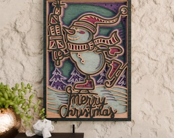Merry Christmas Penguin SVG | Skating Penguin Layered Cut File | Holiday Laser Cut Template for Cricut, CNC, Glowforge