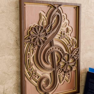 Musiknote SVG | Blumen Violinschlüssel Layered Design | Laser-Cut Musikalische Wanddekoration | Musiker 3D Panel | Sofortdownload | Cricut Glowforge