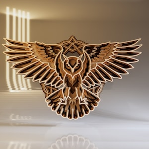 Coruja voadora SVG, corte a laser multicamadas, download digital instantâneo, DXF de animais da floresta, silhueta de pássaro, modelo de corte de papel, projetos de roteador CNC