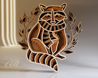Racoon SVG, Woodland Animal Laser Cut File, Vector Design, Cricut Projects, 3D Layered File, Wood Cutouts, Instant Digital Download