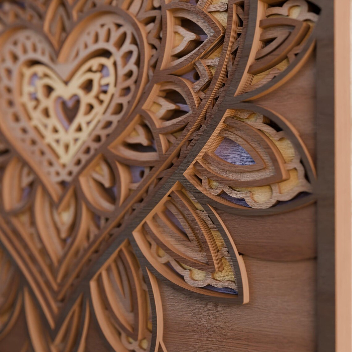 Heart Mandala Layered SVG | Love Laser Cut File | 3D Wooden Floral Wall ...