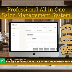 Könnte beinhalten: Ein Computerbildschirm zeigt eine Salon-Management-System-Oberfläche. Der Bildschirm zeigt einen Kalender, Einnahmen, Ausgaben und Gewinndaten. Der Text auf dem Bildschirm lautet "Professional All-in-One Salon Management System". Zusätzlicher Text lautet "Zero Monthly Fees" und "Instant Download."