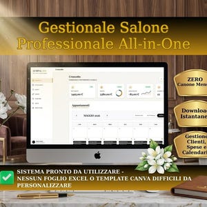 May include: A computer monitor displaying salon management software. The screen shows financial data, appointment scheduling, and the text "Gestionale Salone Professionale All-in-One." Gold accents and text boxes with Italian text are also visible.