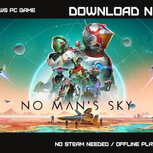 May include: A promotional image for the video game "No Man's Sky." The artwork features futuristic characters and spacecraft against a backdrop of a planet and a desert landscape. Text includes "DOWNLOAD NOW" and "NO MAN'S SKY."