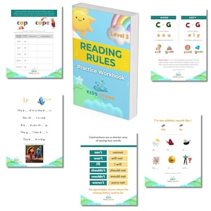 May include: A "Reading Rules Practice Workbook" book with a blue cover, a rainbow, and a sun graphic. The book is labeled "Level 3" and is surrounded by educational worksheets with text and illustrations for learning to read.