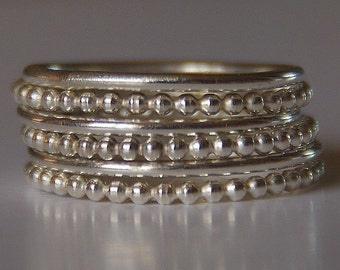 Set of 6 Stacking Silver Bead (beaded) Rings sizes 4,5,6,7,8,9,10,11