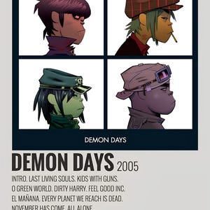 Gorillaz - Poster dell'album Demon Days del 2005 (download digitale, arte musicale iconica, decorazione rock alternativa, stampa artistica da parete con band di cartoni animati)