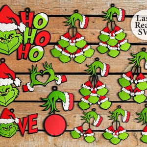 Pacchetto di ornamenti Grinch tagliati al laser: faccia Grinch, gnomo Grinch, file Grinch dipinti tagliati al laser, pacchetto Grinch Love tutto in uno