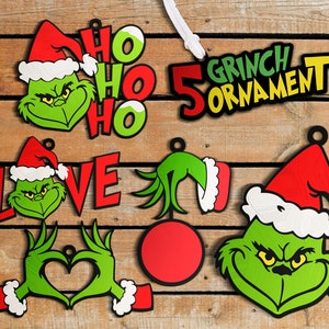 Ornamento del Grinch tagliato al laser, Natale in legno, ornamento del Grinch per le feste, design intricato tagliato al laser SVG, download digitali, file tagliati al laser.