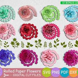 Opgerolde bloem SVG, 3D-papieren bloemboeket, decoratieve papieren bloemen, woondecoratie en geschenken, opgerolde rozenbloemen, lasergesneden bestand afdrukbaar papier