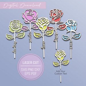 Roze bloem lasergesneden bestand, gepersonaliseerde bloem met naam, Valentijnsdag Svg, tweelaags rozenbestand, houtroos boeket SVG. Moederdagcadeau