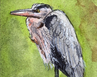 ACEO PRINT, Heron, gift for bird lovers, miniature painting