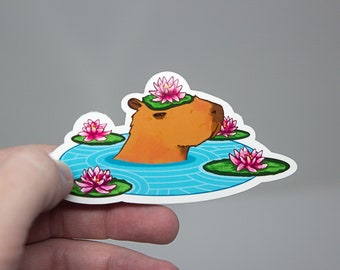 Capybara Bathing Vinyl Sticker, Weatherproof, cute sticker, sticker, waterproof