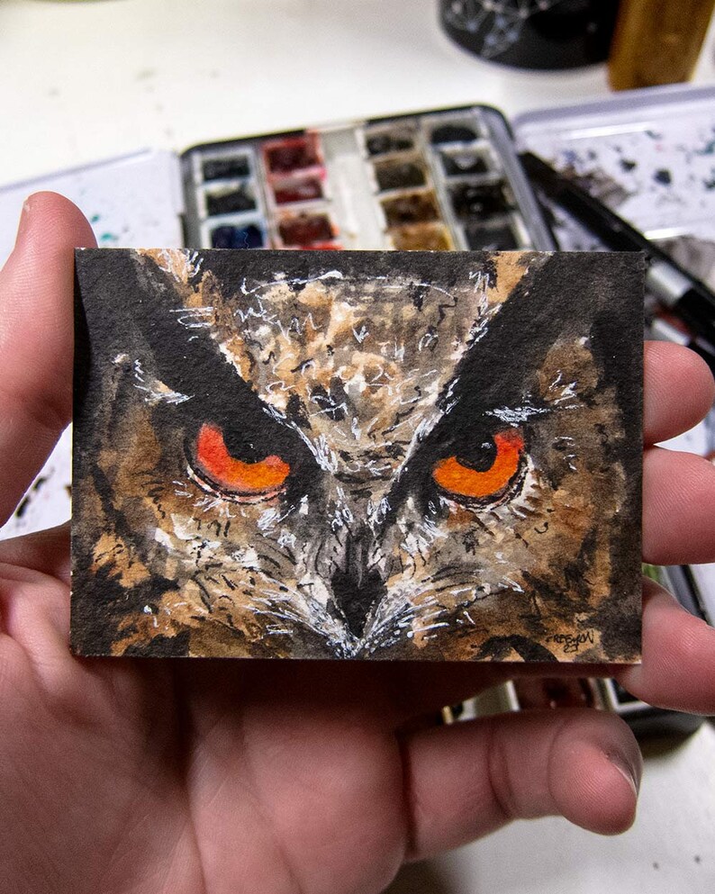 ACEO Original Watercolor, Staring Owl, gift for bird lovers, miniature painting image 1