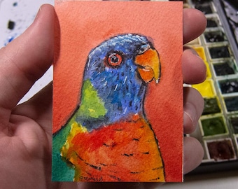 ACEO Original Watercolor, Parakeet, gift for bird lovers, miniature painting