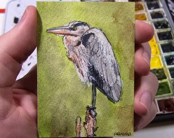 ACEO Original Watercolor, Heron, gift for bird lovers, miniature painting