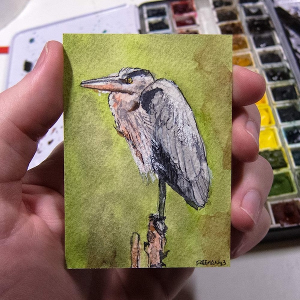 Lámina ACEO, Garza, regalo para amantes de las aves, pintura en miniatura