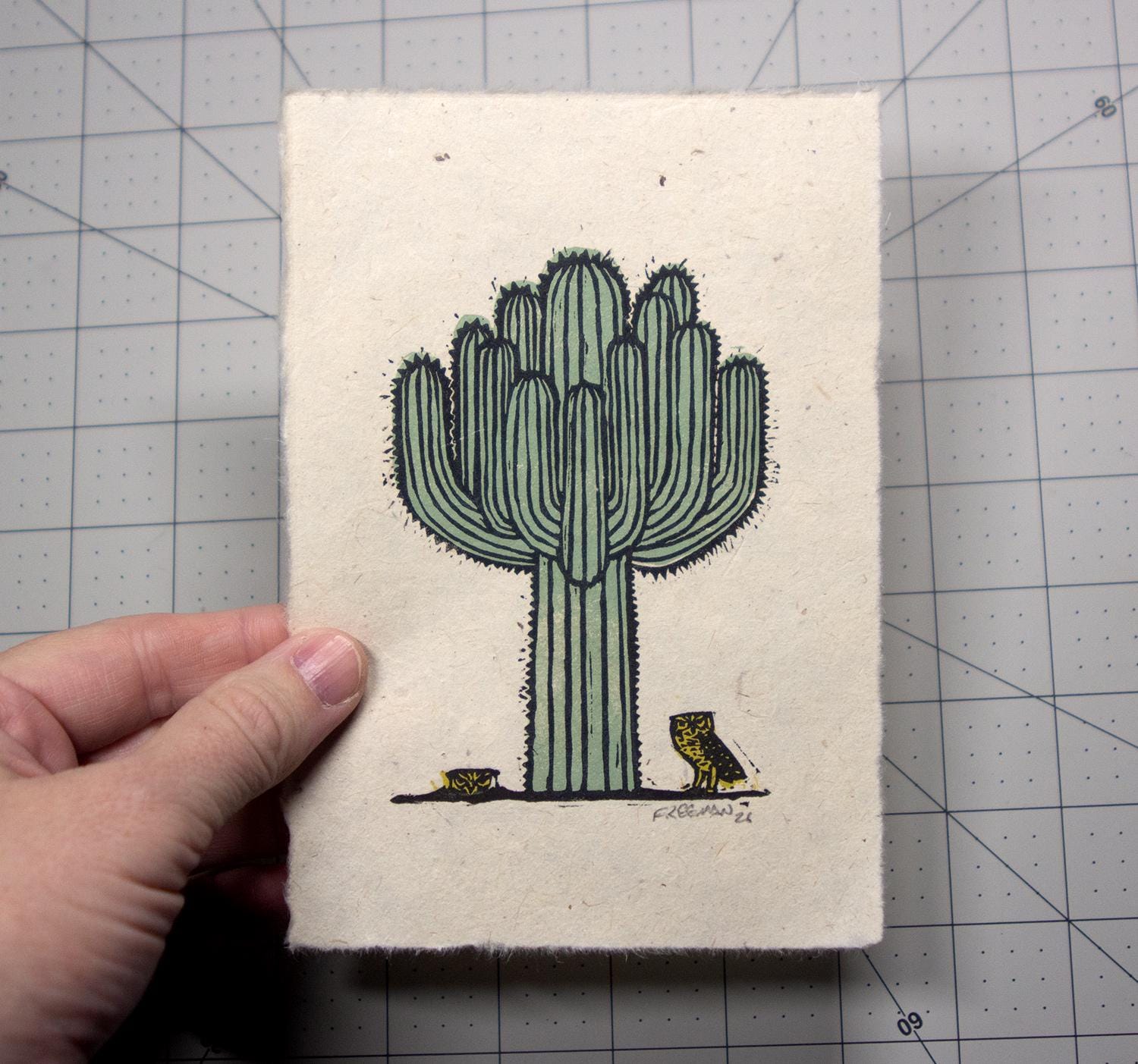 Saguaro Cactus and Burrowing Owl Linocut 5x7 Print, wall art, home decor, gift, desert art