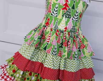 Closing up Shop Sale  Ready to Ship Custom Boutique Christmas Dress Trees Red Lime Pink Funky Ruffle Girl Size 5 or 6 Going out of Business