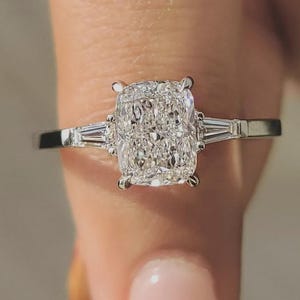 Elongated Cushion Cut Diamond Engagement Ring | Dainty Baguette Side Stones | White Gold Promise Ring | Unique Bridal Jewelry Gift For Her