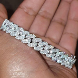 Bransoletka z Moissanite Cuban o grubości 10 mm, męska/damska bransoletka, dostępna w srebrze próby 925 / litym 10k