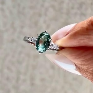 1.00CT Oval Diamond Engagement Ring with Green Sapphire & Yellow Gold - Vintage Delicate Anniversary Gift For Ring