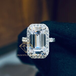 5.00CT Emerald Cut Lab Grown Diamond Engagement Ring, Pave Band, Hidden Halo, Custom Moissanite Wedding Ring, Ring for Women, Bride Ring