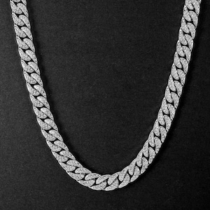 10MM Miami Cuban Link Prong Chain, Men/Women Chain, Iced Cuban Necklace with Money Bags, Available in 925 Sterling Silver/10k Solid Gold