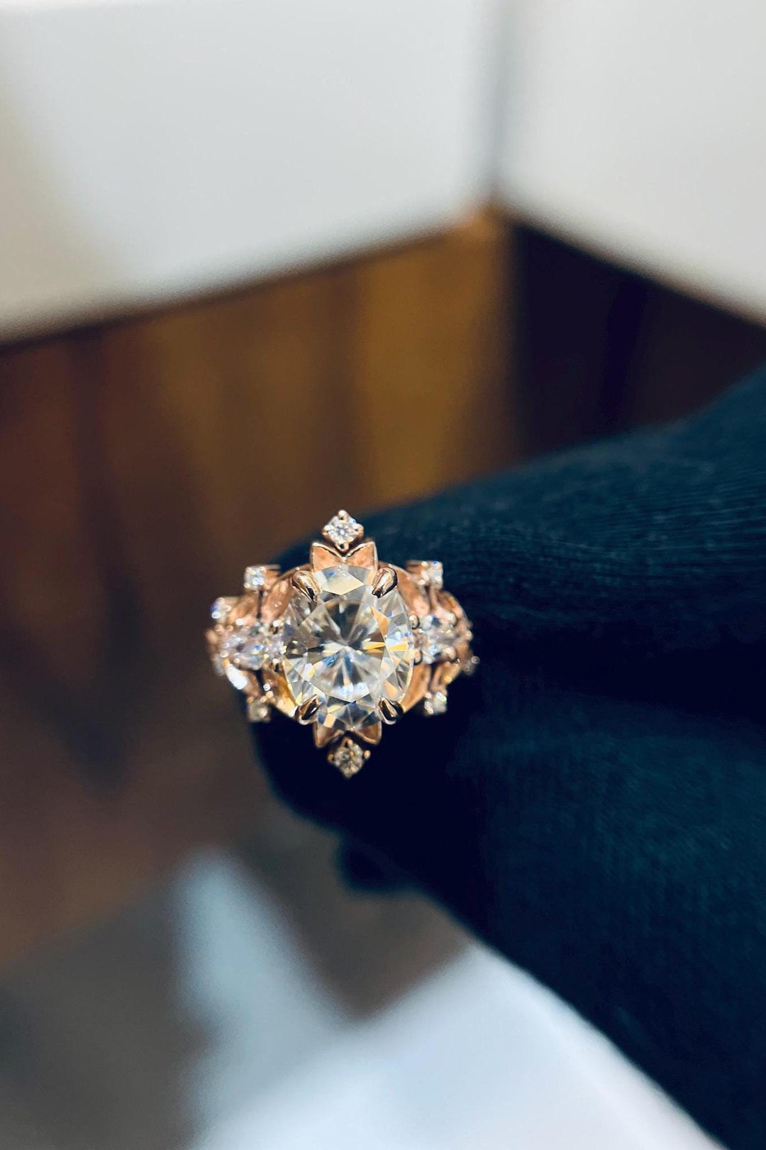 Briar Rose Three Stone Ring With Oval Moissanite and Pear Side Stone ...