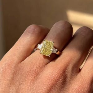 4.00CT Fancy Vivid Yellow Radiant Cut Diamond 3 Stone Set, Side Stone Trapezoid Diamond Ring, 14K Yellow Gold, Anniversary Gift Ring for Her