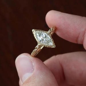 Nature-Inspired Marquise Lab Diamond Engagement Ring, 18K Gold Vintage Hand-Carved Filigree Design, Hidden Diamond Bridge Promise Ring