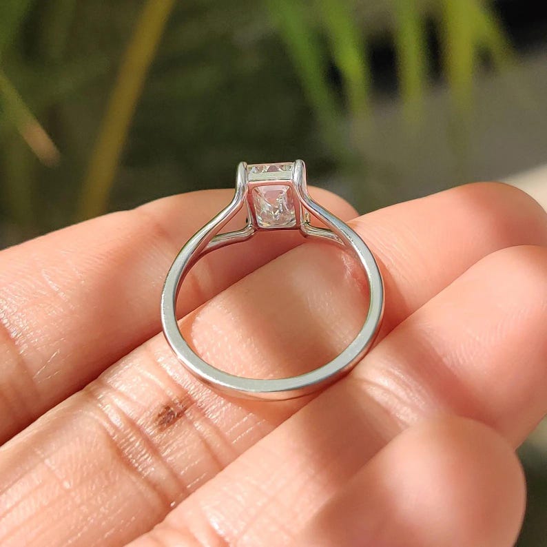 Emerald Cut Diamond Engagement Ring – Split Shank Solitaire – 14K White ...