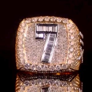 Custom Iced Out Number 7 Ring – Gold Baguette Moissanite Diamond Bling Ring for Men | Hip Hop Statement Jewelry | Hip Hop Jewelry Gift