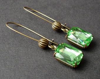 Vintage Peridot Faceted Crystal in Antiqued Brass Prong Setting Earrings.