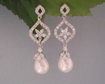 Freshwater Pearl Teardrop Cubic Zirconia 14K White Gold Plated Earrings, Bridesmaid, Wedding Gift Bridal Earrings