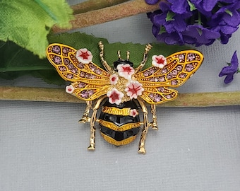Bee with Flowers and Rhinestones Brooch   Bumblebee Enamel Bee Pin Honeybee Brooch Pin for Jacket Hat Scarf.