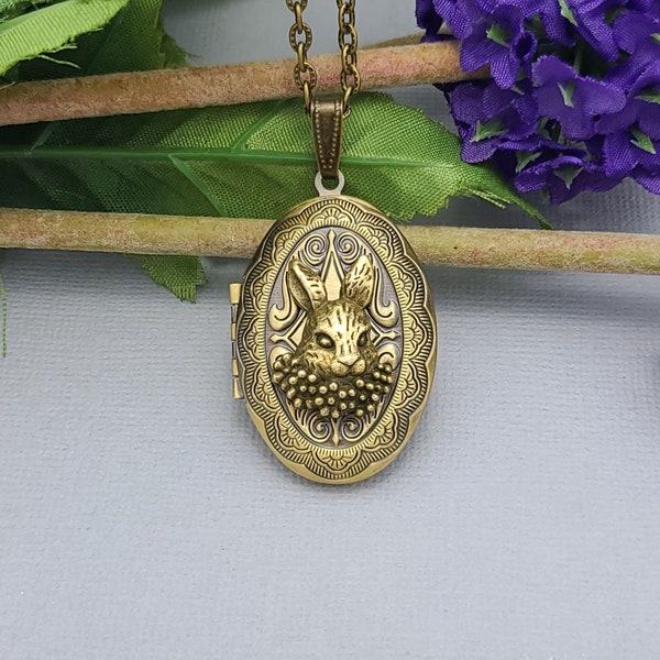 Ox Brass Oval Rabbit Locket Necklace Jewelry Keepsake Photo Locket Vintage Jewelry Gift for Her.