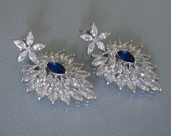 Blue Sapphire Cubic Zirconia 14K White Gold Plated Earrings, Bridesmaid, Wedding Gift Bridal Earrings