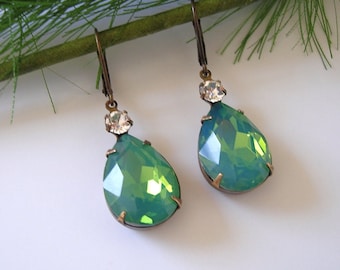 Vintage Green Opal Faceted Teardrop Clear Swarovski Crystal Antiqued Bronze Prong Setting Earrings.