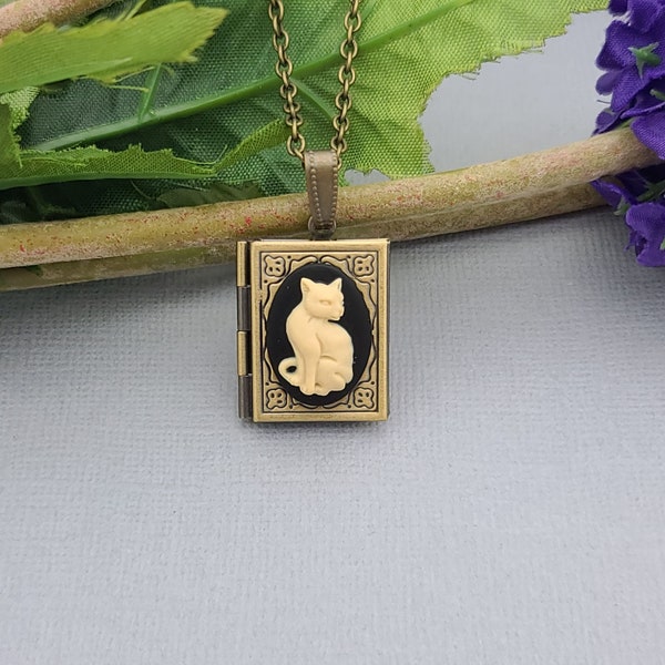 Ox Brass Book Locket Cat Cameo Necklace  Jewelry.