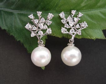 Freshwater Pearl   Cubic Zirconia 14K White Gold Plated Earrings, Bridesmaid, Wedding Gift Bridal Earrings