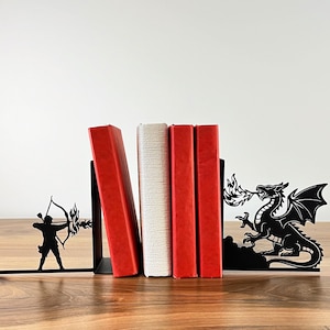 Bookends Dragon vs Knight Metal Bookends, Unique Decor for Dragon Lovers, Book Lover Gift, Battle Scene Bookend Set,  House Book Decor