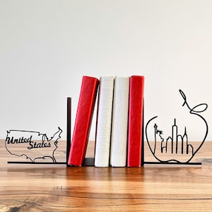 Reisegeschenk Buchstützen, New York Skyline Buchstützen, Dekor USA Karte, moderne Metallkunst, einzigartiger Bücherregalorganisator, kreatives Geschenk, Hauptbuchdekor