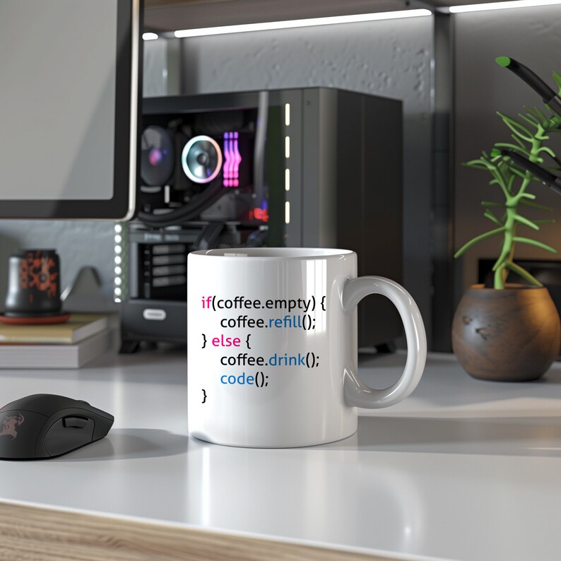 Op de afbeelding: Een witte keramische koffiemok met een roze en blauwe code-snippet die "if(coffee.empty) { coffee.refill(); } else { coffee.drink(); code(); } " luidt.