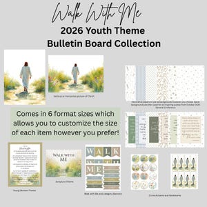 May include: A collection of bulletin board elements with the theme "Walk With Me" for the 2026 Youth Theme. Includes images of Christ, decorative papers, banners, and circle accents. The collection comes in 6 format sizes.