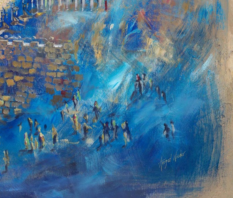 Puede incluir: Una pintura abstracta azul y dorada con una pared de piedra y figuras en primer plano. La firma del artista, "Angel Wider", es visible en la esquina inferior derecha.