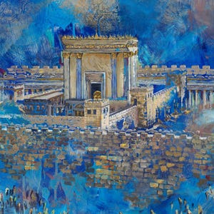 Puede incluir: Una pintura que representa una vista detallada de un templo dorado con columnas azules y un fondo de cielo azul. El templo est&aacute; rodeado por un muro de piedra y hay personas en primer plano.