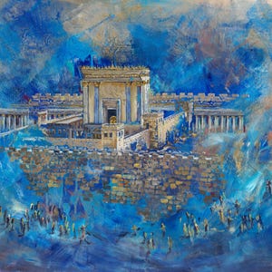 Può includere: Un dipinto che raffigura un grande edificio ornato con una cupola dorata, circondato da un muro e una folla di persone. L'edificio è dipinto in tonalità di blu e oro, e il cielo è di un blu vibrante con nuvole bianche. Il dipinto è realizzato in uno stile che ricorda l'impressionismo.