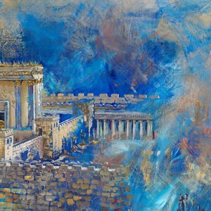 Puede incluir: Una pintura que representa un templo dorado con un cielo azul y nubes en el fondo. El templo tiene una gran entrada con una puerta dorada y est&aacute; rodeado por un muro de piedra.