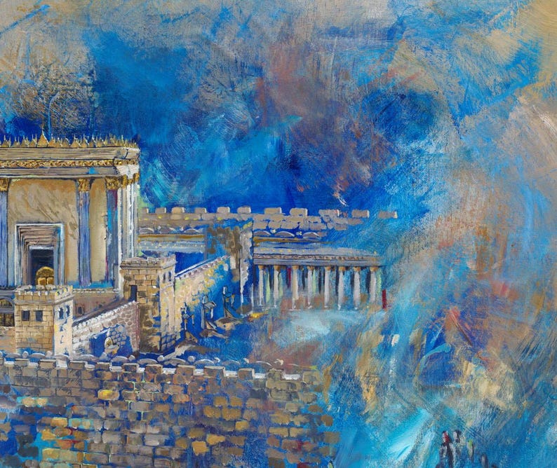 Puede incluir: Una pintura que representa un templo dorado con un cielo azul y nubes en el fondo. El templo tiene una gran entrada con una puerta dorada y est&aacute; rodeado por un muro de piedra.